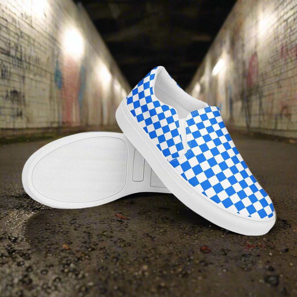 Women’s Custom Slip-On Canvas Sneakers Blue Checkerboard Pattern