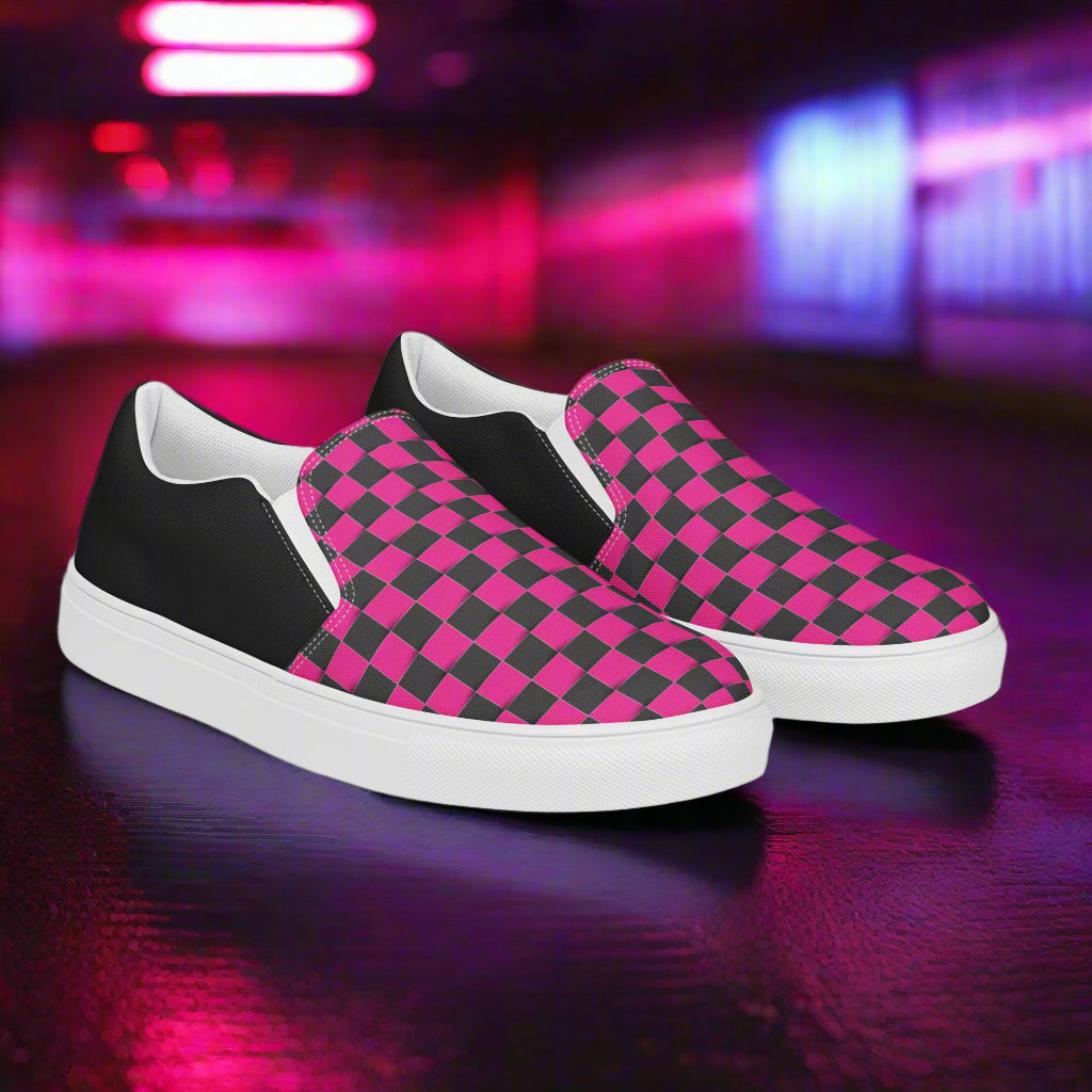 Women’s Pink and Black Checkered Slip-On Canvas Sneakers Halftone