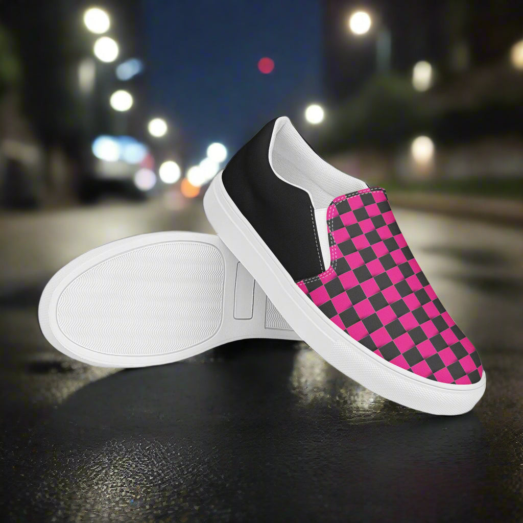 Women’s Pink and Black Checkered Slip-On Canvas Sneakers Halftone