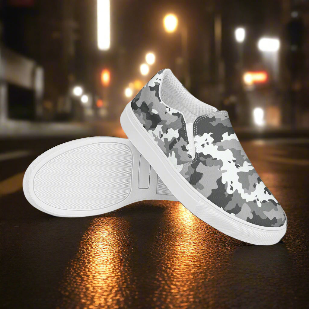 Women’s Black and White Camo Slip-On Canvas Sneakers