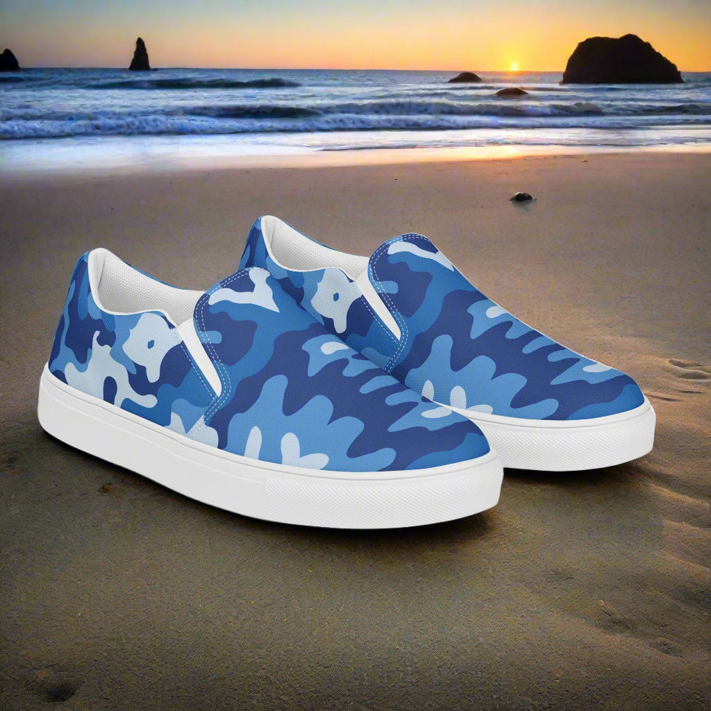 Women’s Slip-On Custom Canvas Shoes Blue Camo