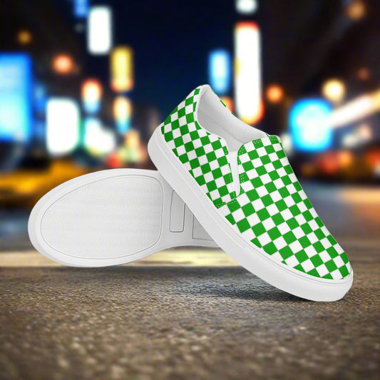 Women’s Custom Slip-On Canvas Sneakers Green and White Checkered Pattern