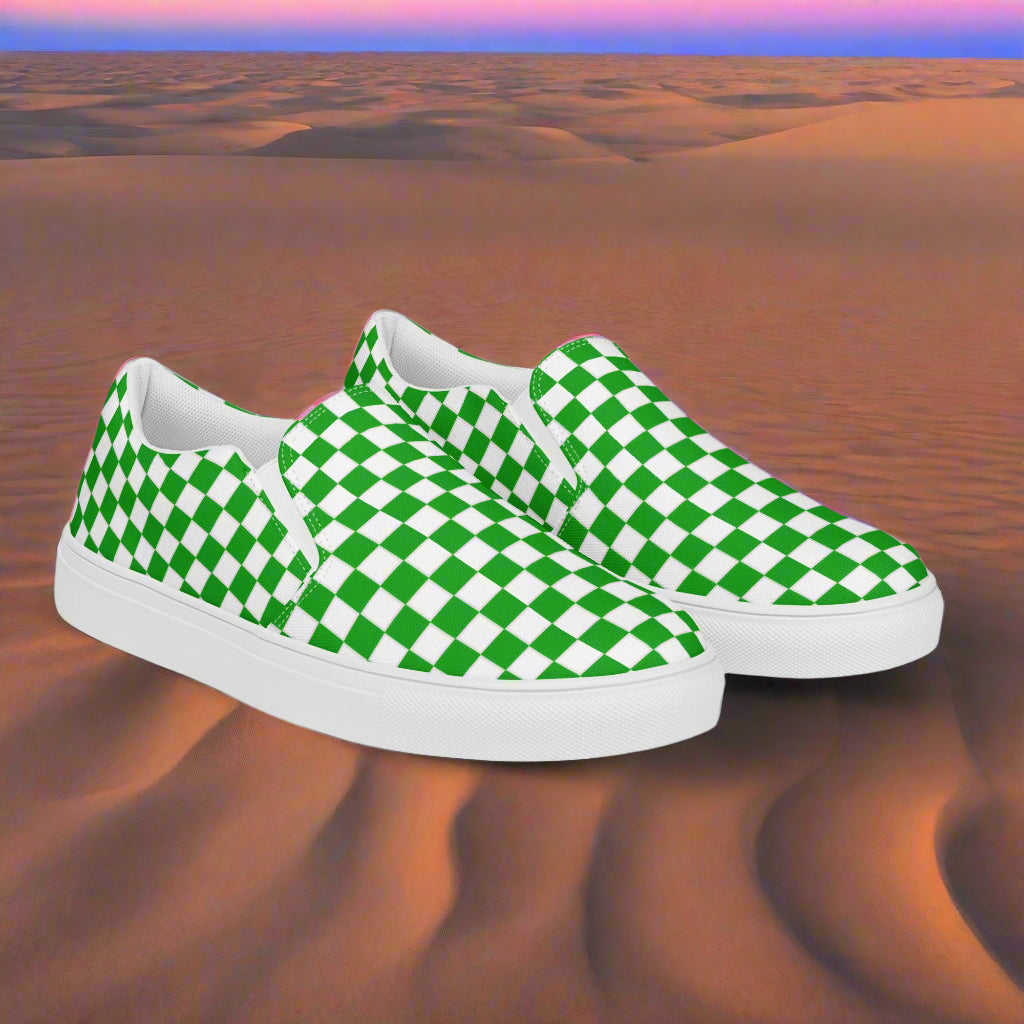 Women’s Custom Slip-On Canvas Sneakers Green and White Checkered Pattern