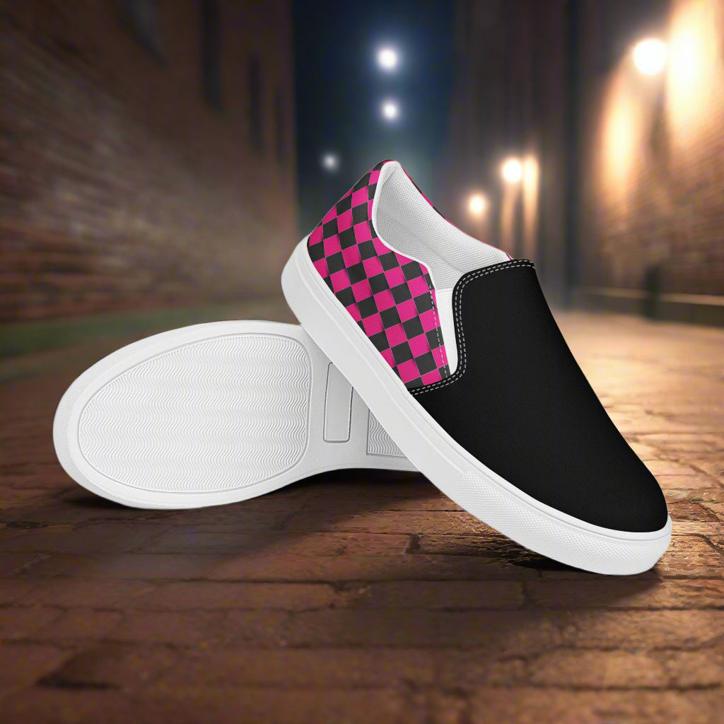 Women’s Slip-On Canvas Shoes Black and Pink Chex Two-Tone