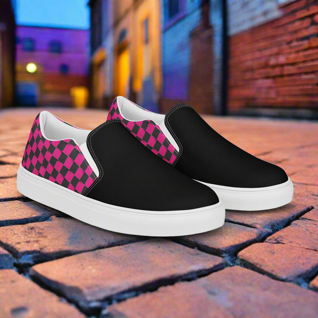 Women’s Slip-On Canvas Shoes Black and Pink Chex Two-Tone