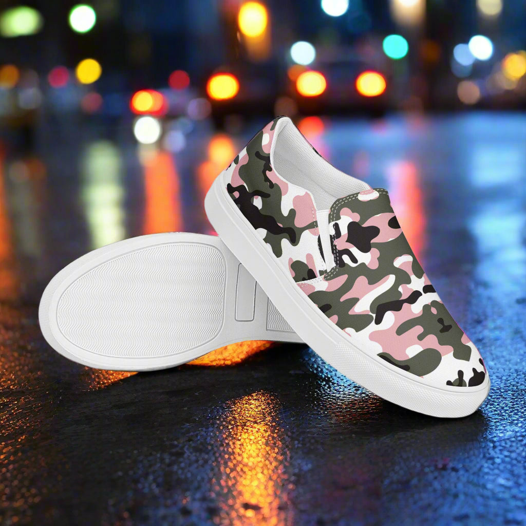 Women’s Custom Slip-On Canvas Shoes Pink and Black Urban Camo Print