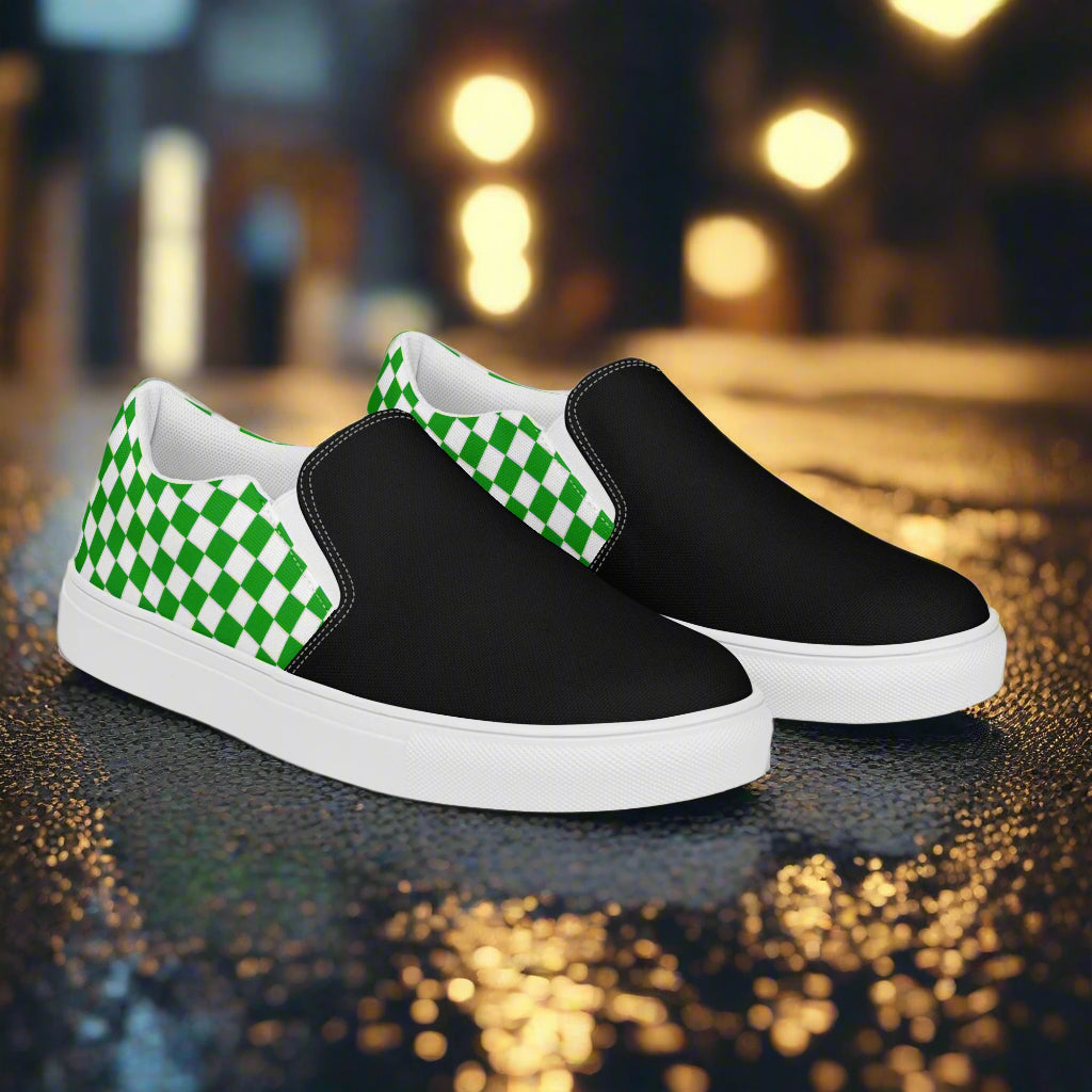 Women’s Green and White Checkered Slip-On Canvas Shoes Two Tone