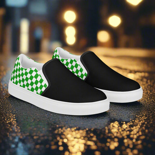 Women’s Green and White Checkered Slip-On Canvas Shoes Two Tone