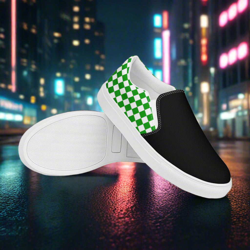 Women’s Green and White Checkered Slip-On Canvas Shoes Two Tone