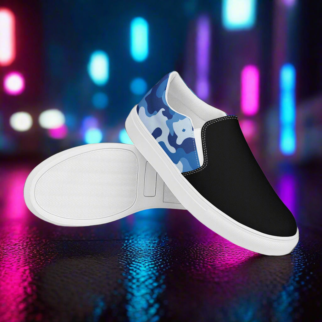 Women’s Custom Slip-On Canvas Shoes Blue Camo Print Two-Tone