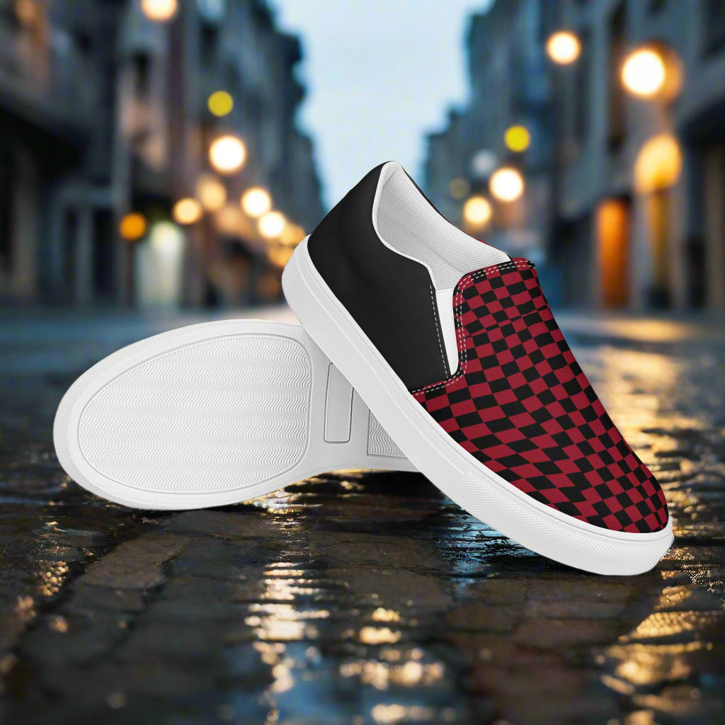 Women’s Custom Slip-On Canvas Shoes Black and Red Checkered Print - Halftone Pattern