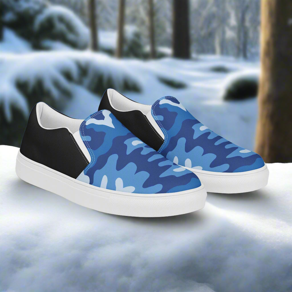 Custom Women’s Slip-On Canvas Shoes Blue Camo Print Halftone Styling