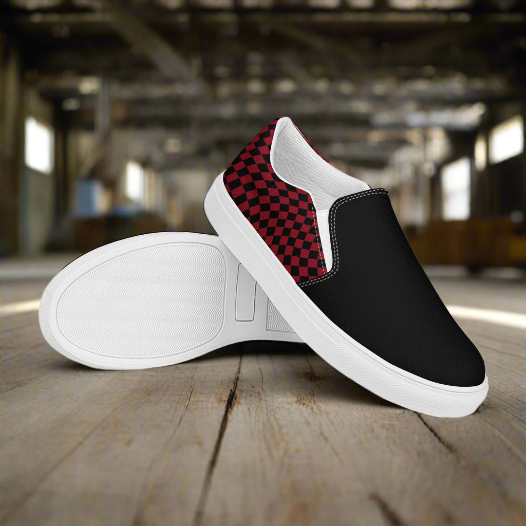 Women’s Custom Skater Style Slip-On Canvas Shoes Black and Red Checkered Two-Tone Pattern