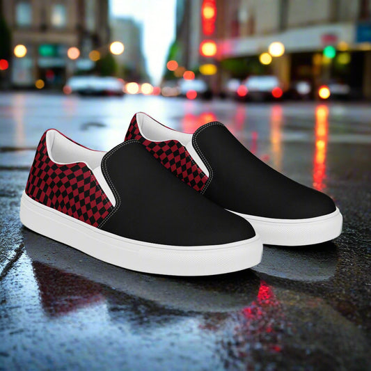 Women’s Custom Skater Style Slip-On Canvas Shoes Black and Red Checkered Two-Tone Pattern