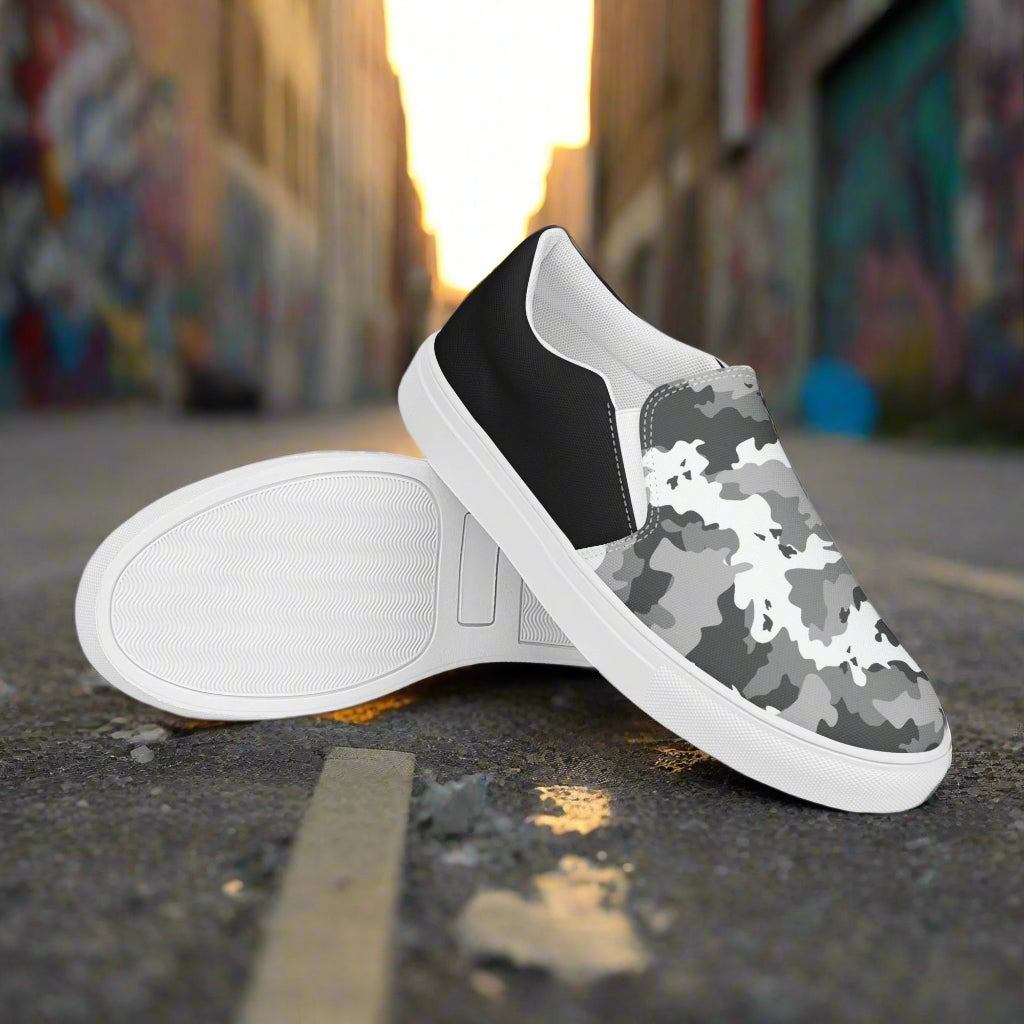 Women’s Slip-On Canvas Shoes Black & White Camo Two-Tone