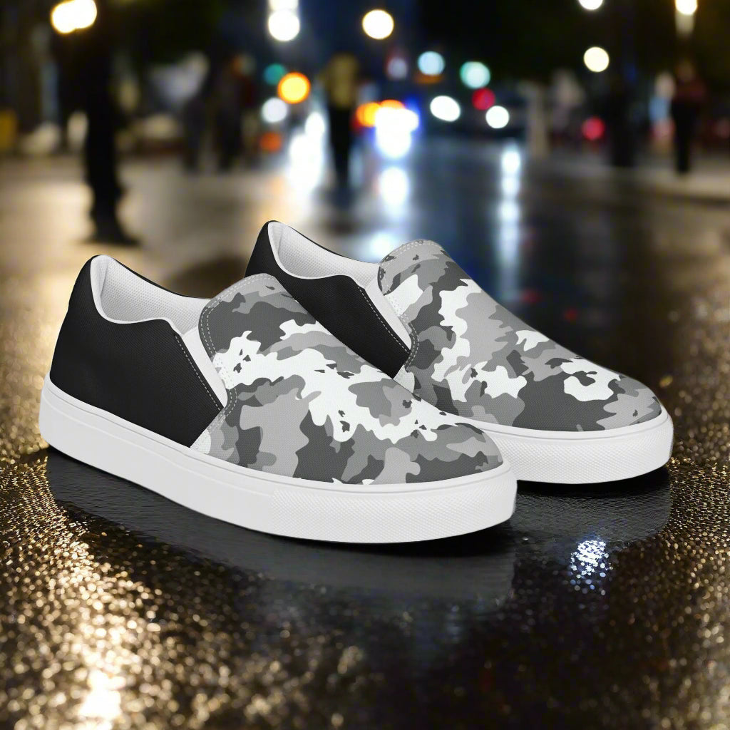 Women’s Slip-On Canvas Shoes Black & White Camo Two-Tone