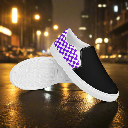 Women’s Custom Purple and White Checks Slip-On Canvas Sneakers Two Tone