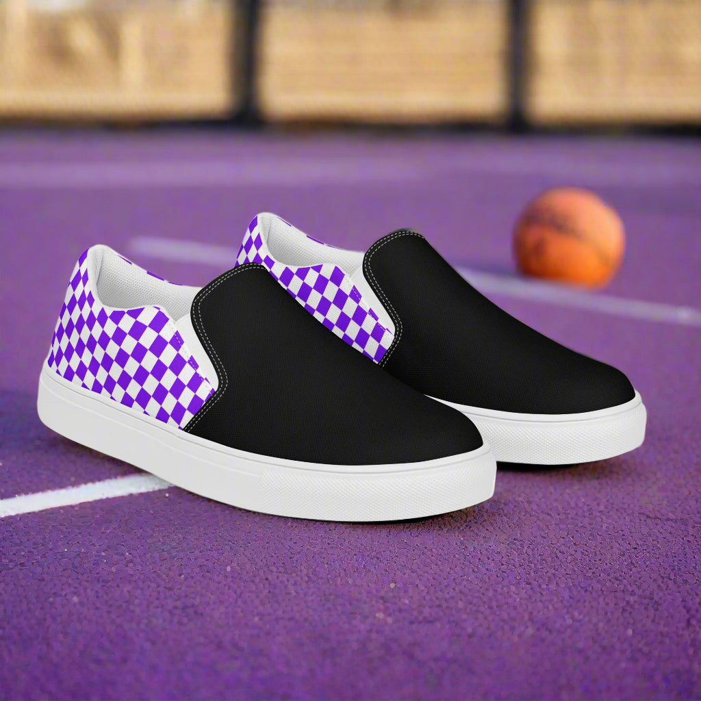 Women’s Custom Purple and White Checks Slip-On Canvas Sneakers Two Tone