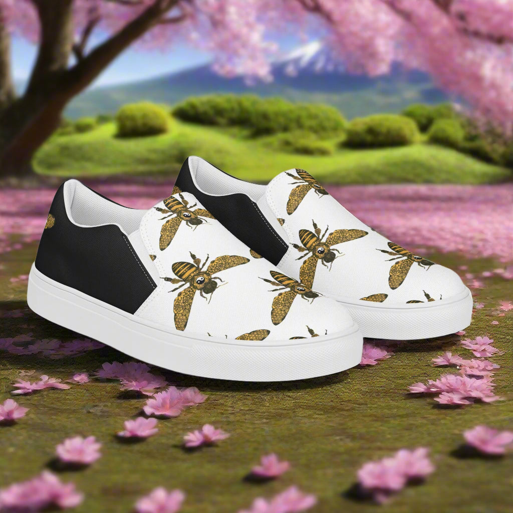 Custom Women’s Slip-on Canvas Shoes Bumblebee Print Two-Tone