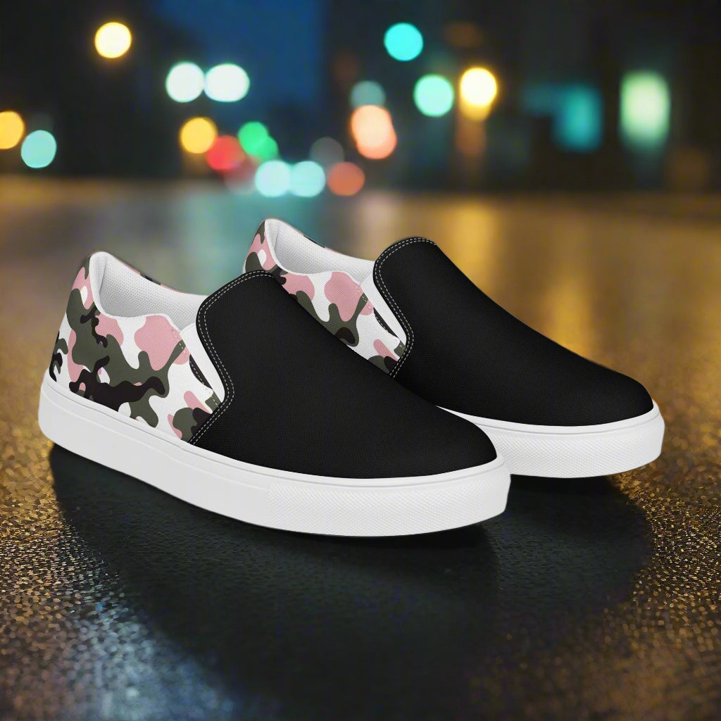Women’s Custom Slip-On Canvas Shoes Pink and Black Camo Two-Tone