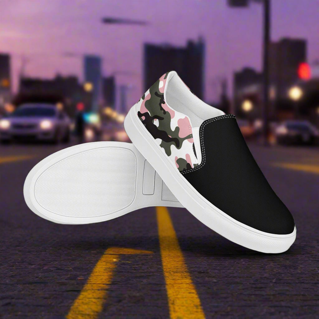 Women’s Custom Slip-On Canvas Shoes Pink and Black Camo Two-Tone
