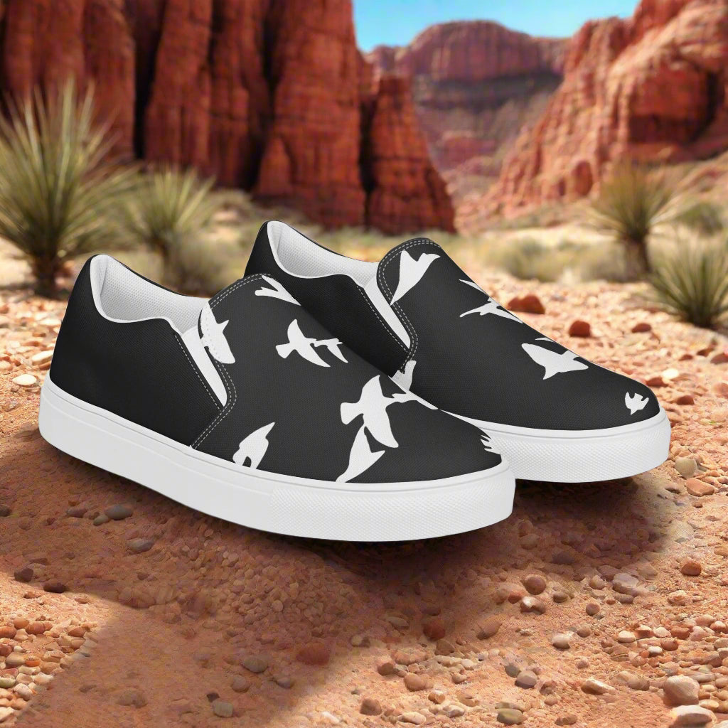 Black Women’s Slip-on Canvas Shoes with White Bird animal print Two-tone