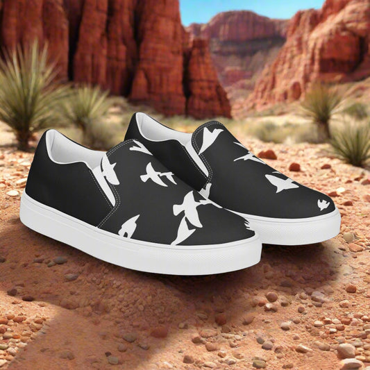 Black Women’s Slip-on Canvas Shoes with White Bird animal print Two-tone