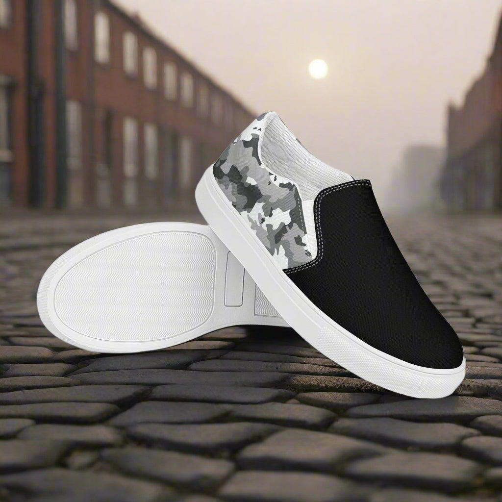 Women’s Black and White Camo Slip-On Canvas Shoes Two Tone