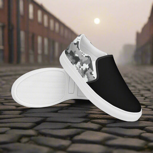 Women’s Black and White Camo Slip-On Canvas Shoes Two Tone