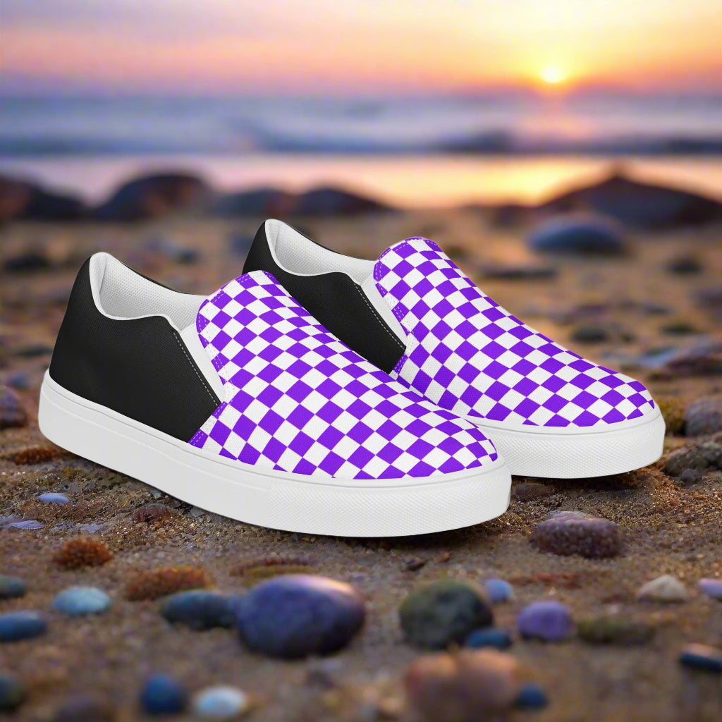 Purple on White Checkerboard Women’s Slip-On Canvas Sneakers