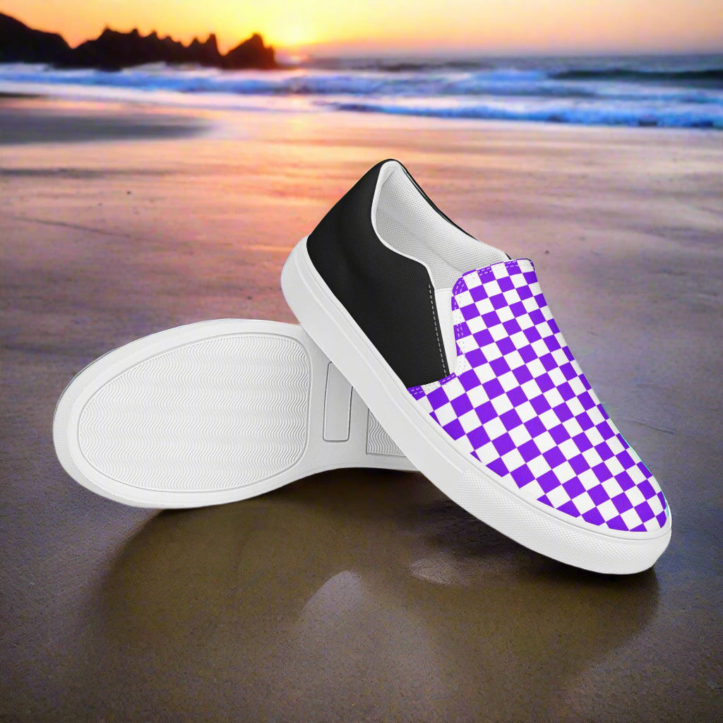 Purple on White Checkerboard Women’s Slip-On Canvas Sneakers