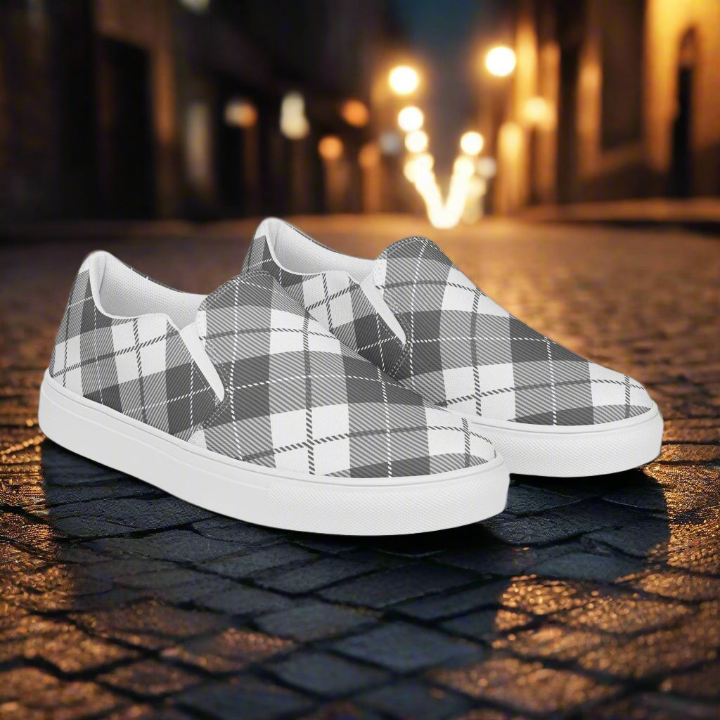 Women’s Black Plaid Custom Slip-On Canvas Shoes