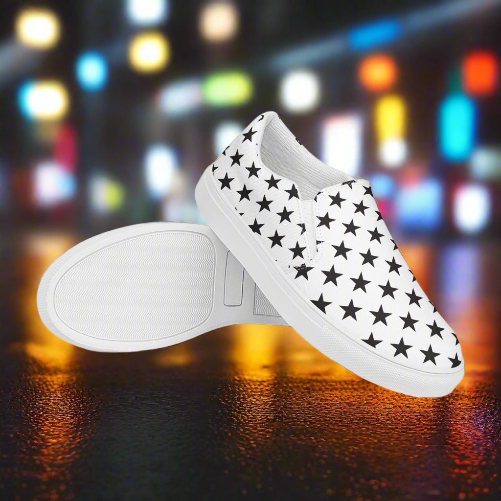 Custom Women’s Slip-On Canvas Shoes White with a Black Star Pattern