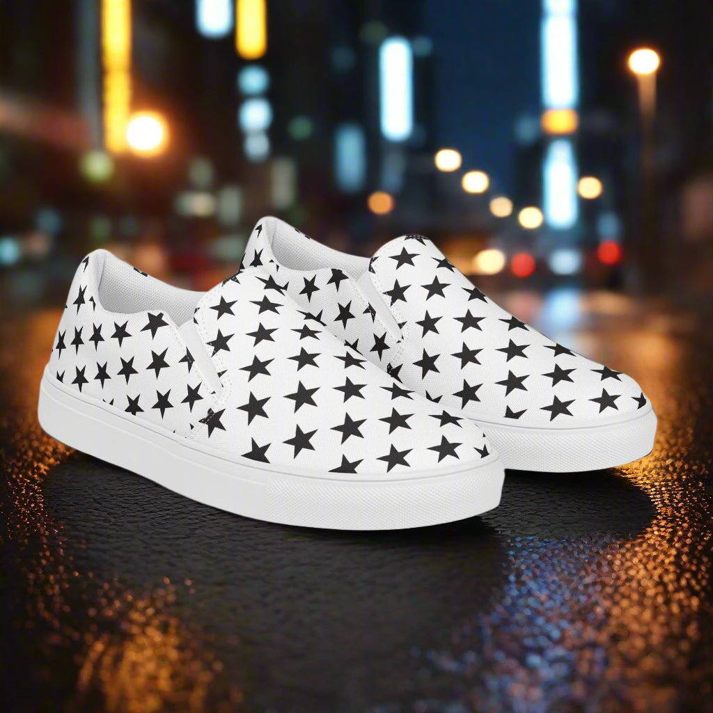 Custom Women’s Slip-On Canvas Shoes White with a Black Star Pattern