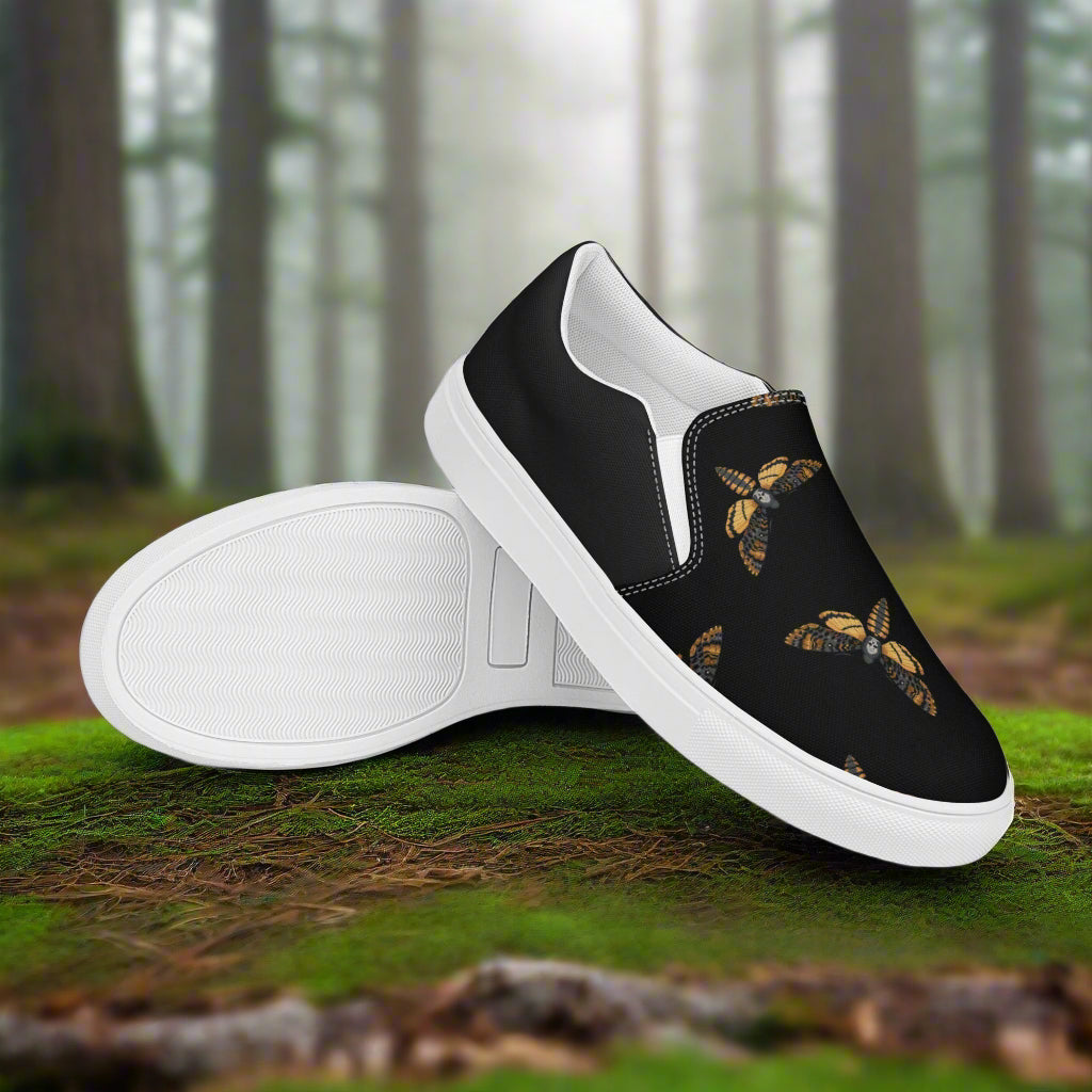 Women’s Custom Slip-on Canvas Shoes Black Moth Animal Print Two Tone