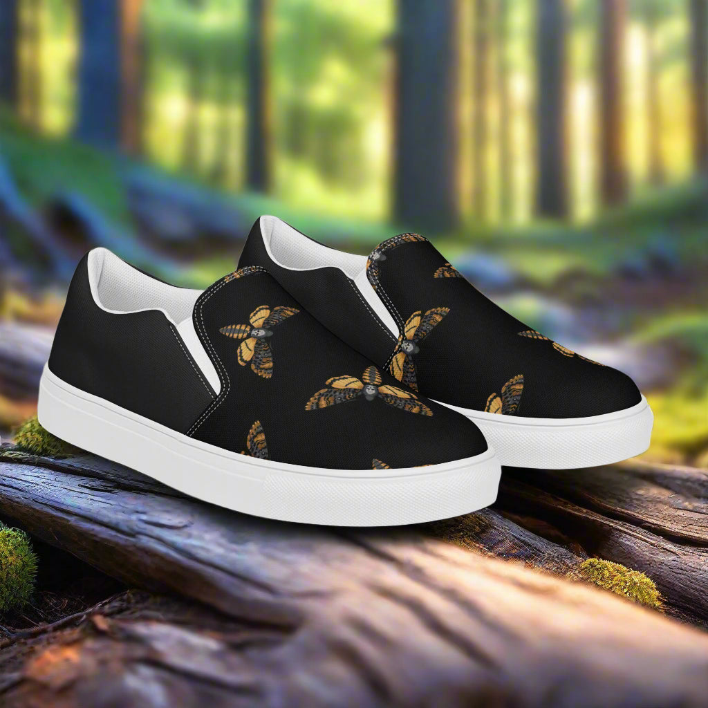 Women’s Custom Slip-on Canvas Shoes Black Moth Animal Print Two Tone