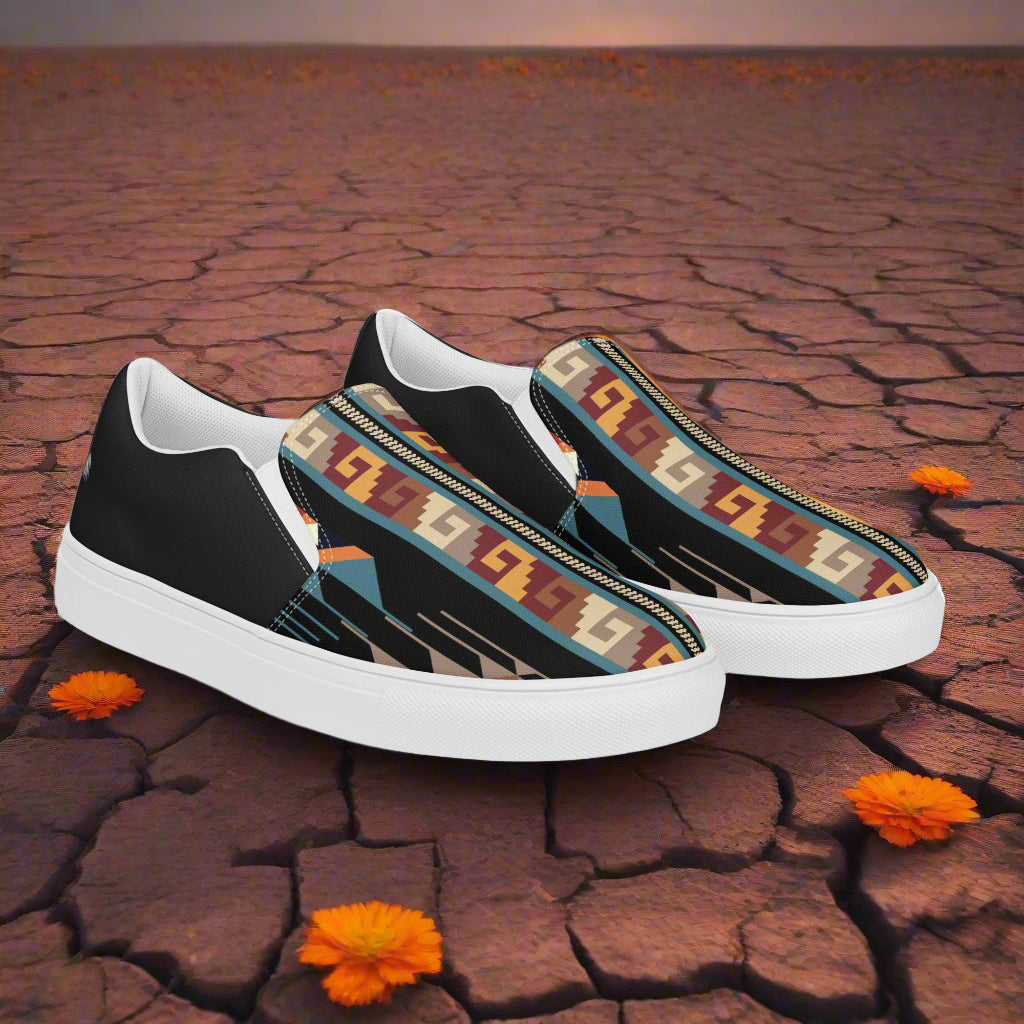 Southwest Print Women's Custom Slip-on Sneakers Native American Geometric Pattern Two-tone