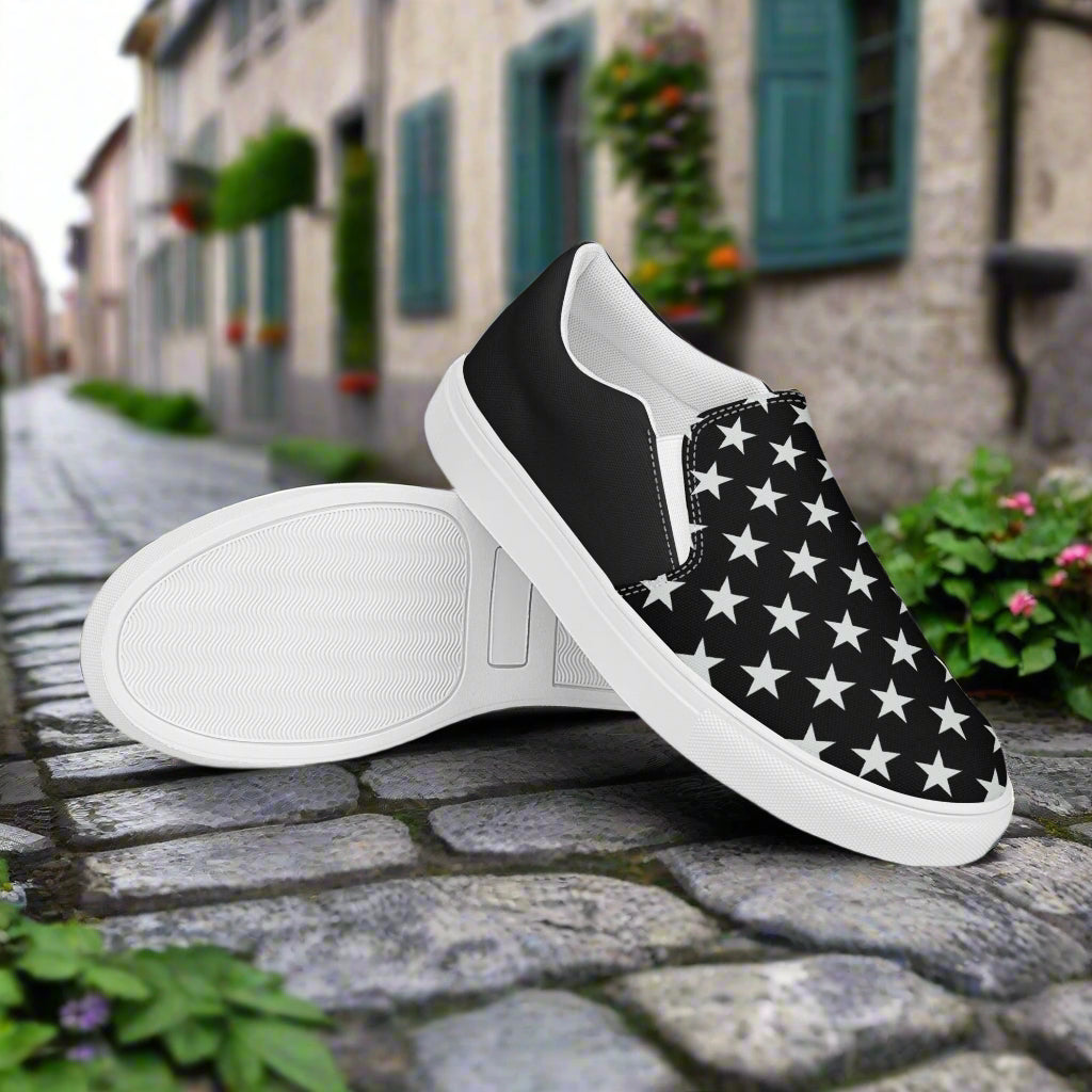 GeoMetro | Women’s Slip-On Canvas Shoes | White Star Black Halftone - WildSage Market