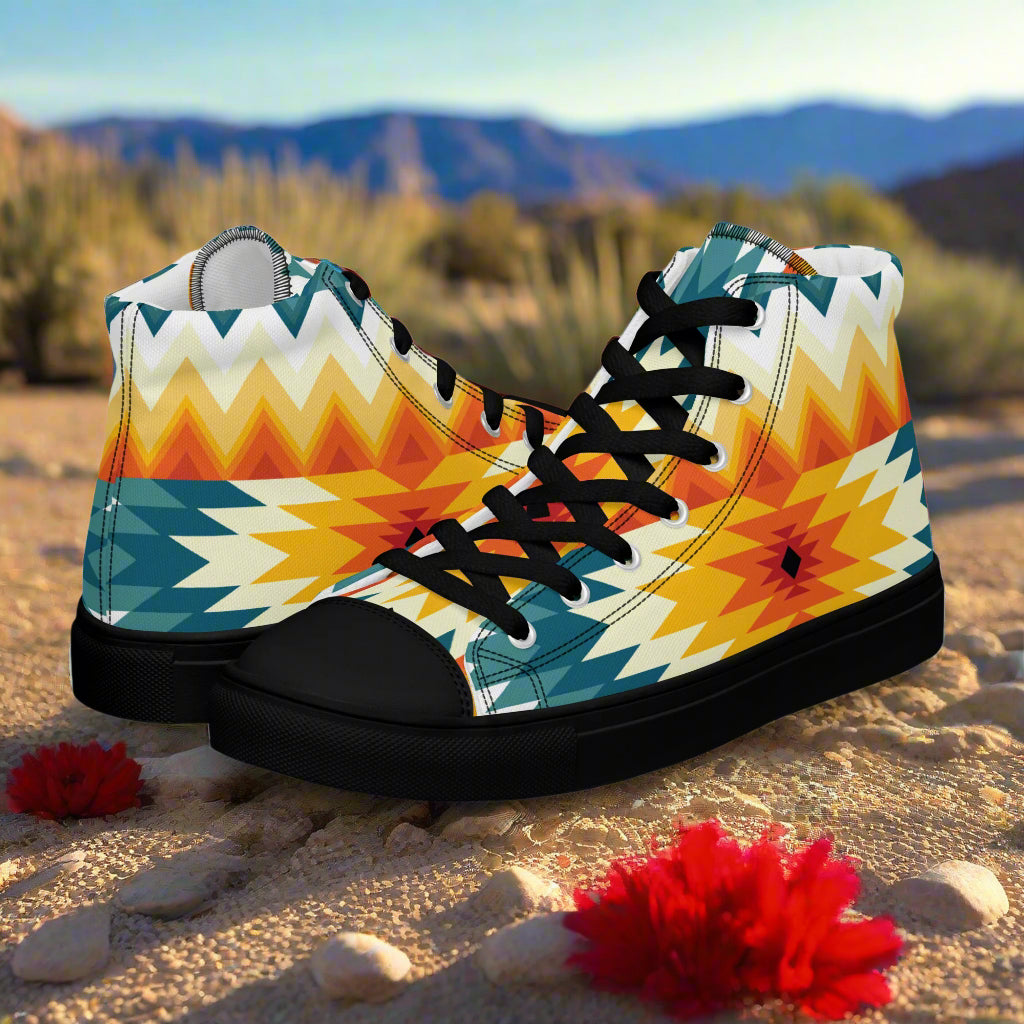 Womens Southwest Pattern high top canvas sneakers with vibrant colors ideal for stylish casual wear