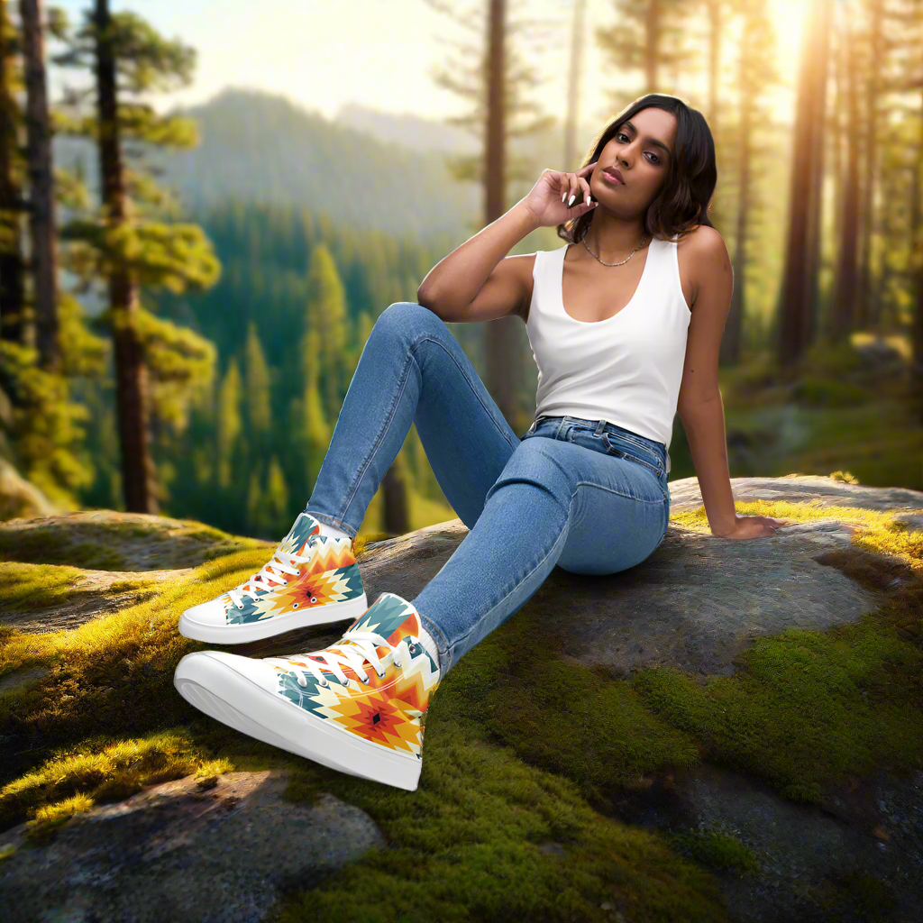Womens Southwest Pattern high top canvas sneakers featuring vibrant floral designs for stylish comfort