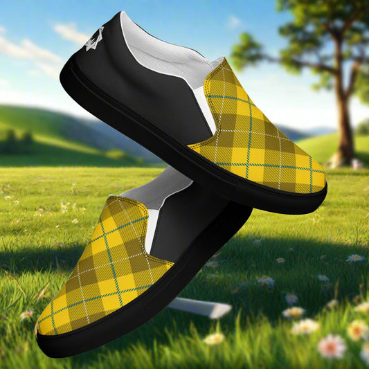 WildSage Market Womens Yellow Plaid Halftone Slip-On Canvas Shoes with black soles in outdoor setting