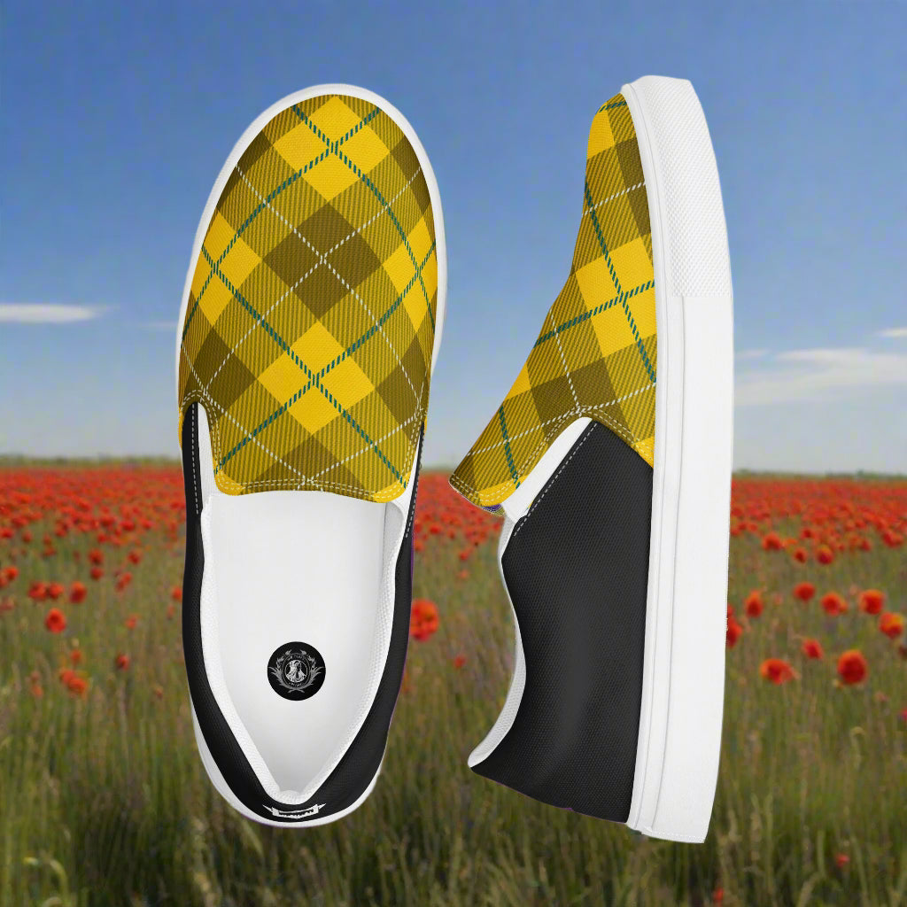 Womens Yellow Plaid Halftone Slip-On Canvas Shoes by WildSage Market with white soles and black sides