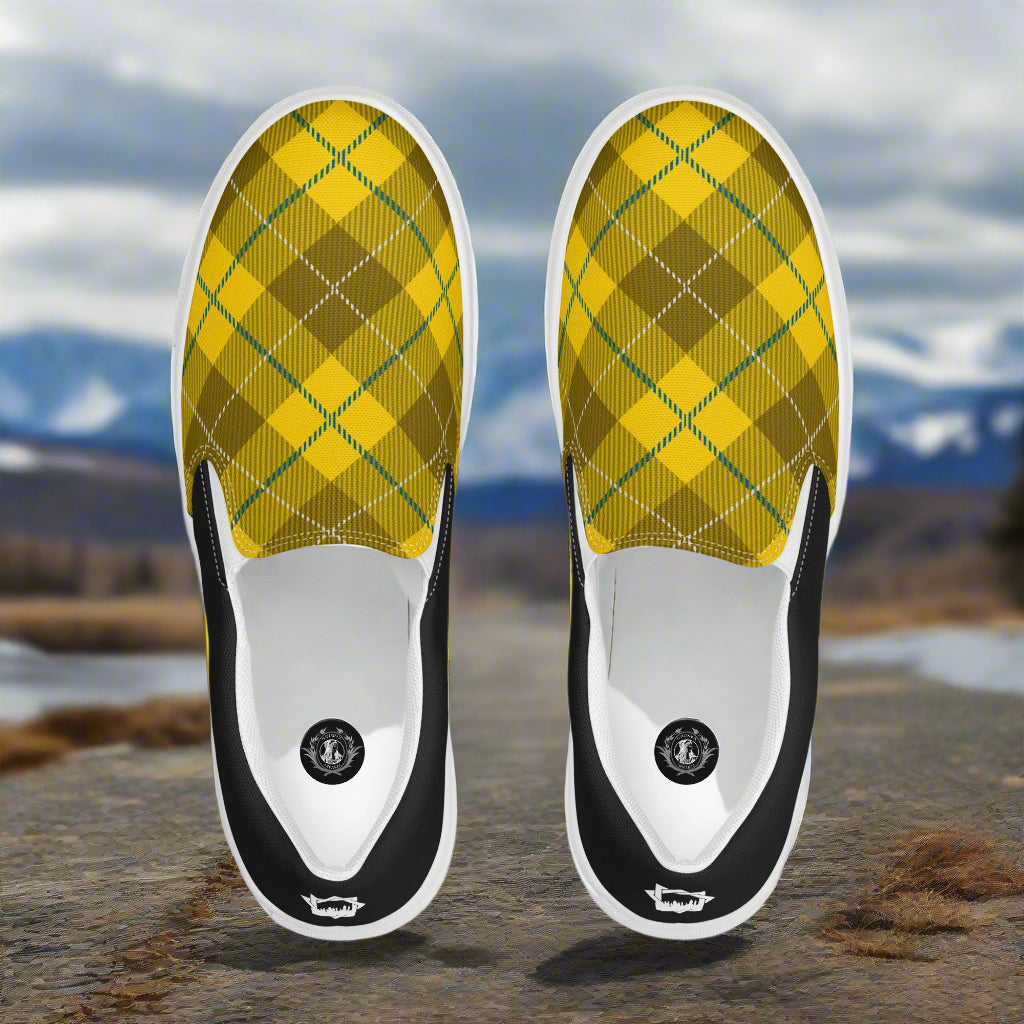 Womens Yellow Plaid Halftone Slip-On Canvas Shoes by WildSage Market with black and white accents