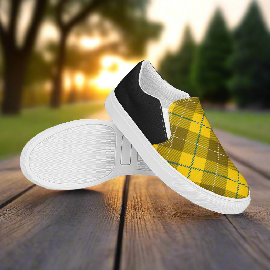Womens Yellow Plaid Halftone Slip-On Canvas Shoes by WildSage Market with white soles on wood surface