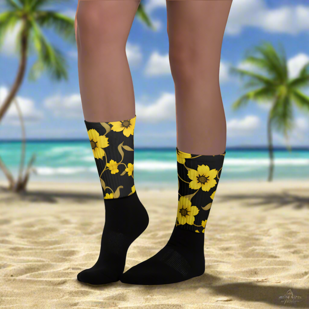 Yellow Bloom Unisex Black Bottom Socks featuring a floral design, perfect for beach outings and casual wear