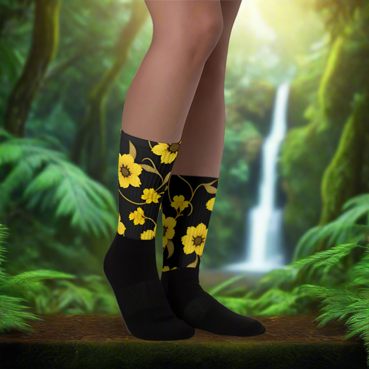 Yellow Bloom Unisex Black Bottom Socks featuring a floral design on a black background