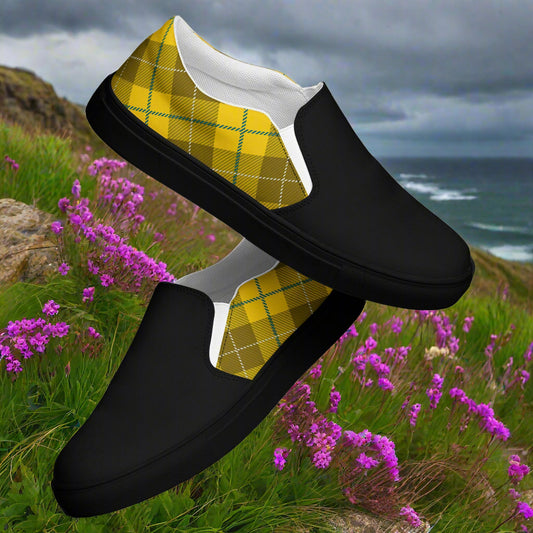 WildSage Market Yellow Plaid Two tone shoes slip on casual footwear with black front and plaid yellow back