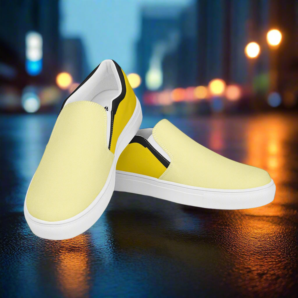 WildSage Market yellow two tone slip on canvas shoes with white soles on wet reflective street