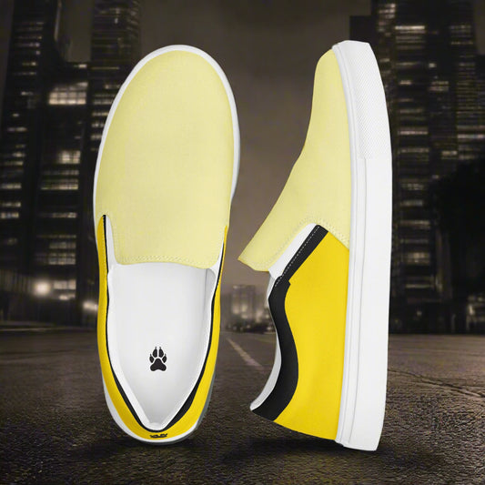 Yellow two tone slip on canvas shoes by WildSage Market with white soles and black accents