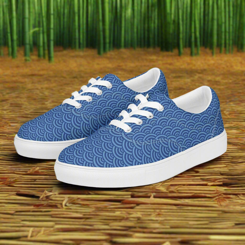 WildSage Market Custom Lace-up Canvas Shoes in blue wave pattern low top with white laces and rubber sole